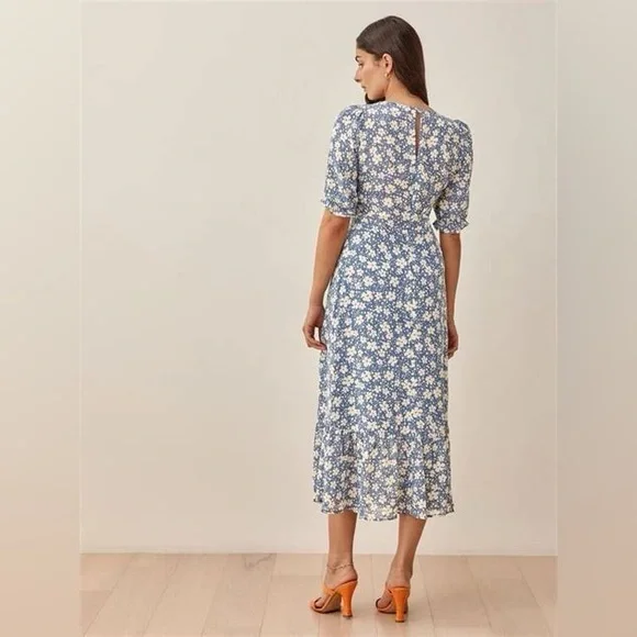 Reformation Nantes Floral Blue Midi Dress Sz 2 - Picture 2 of 8